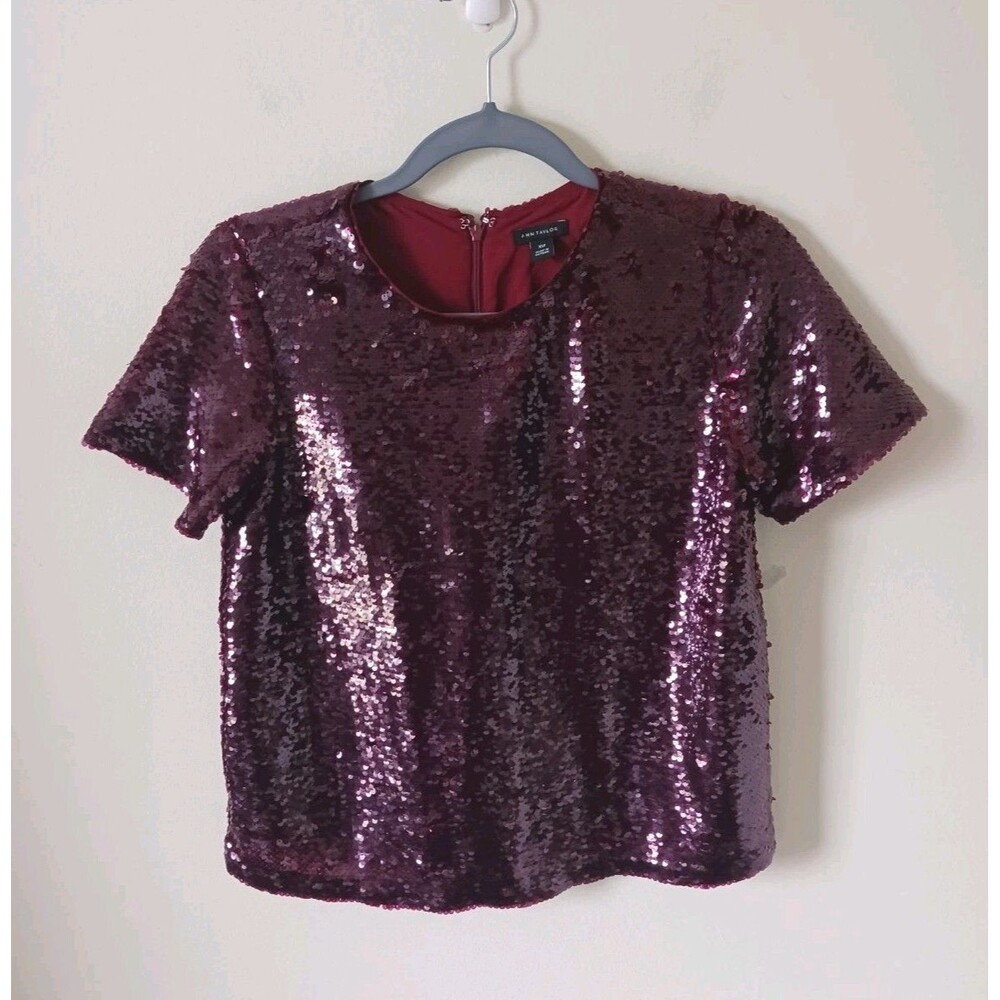 Ann Taylor‎ Petite Sequin Top Burgundy Short Sleeve Holiday Party Blouse Size XS